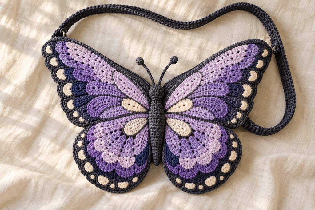 Crochet Butterfly Bag: A Colorful Statement Accessory to Make Next Lavender and indigo crochet butterfly bag with a charcoal shoulder strap and antennae