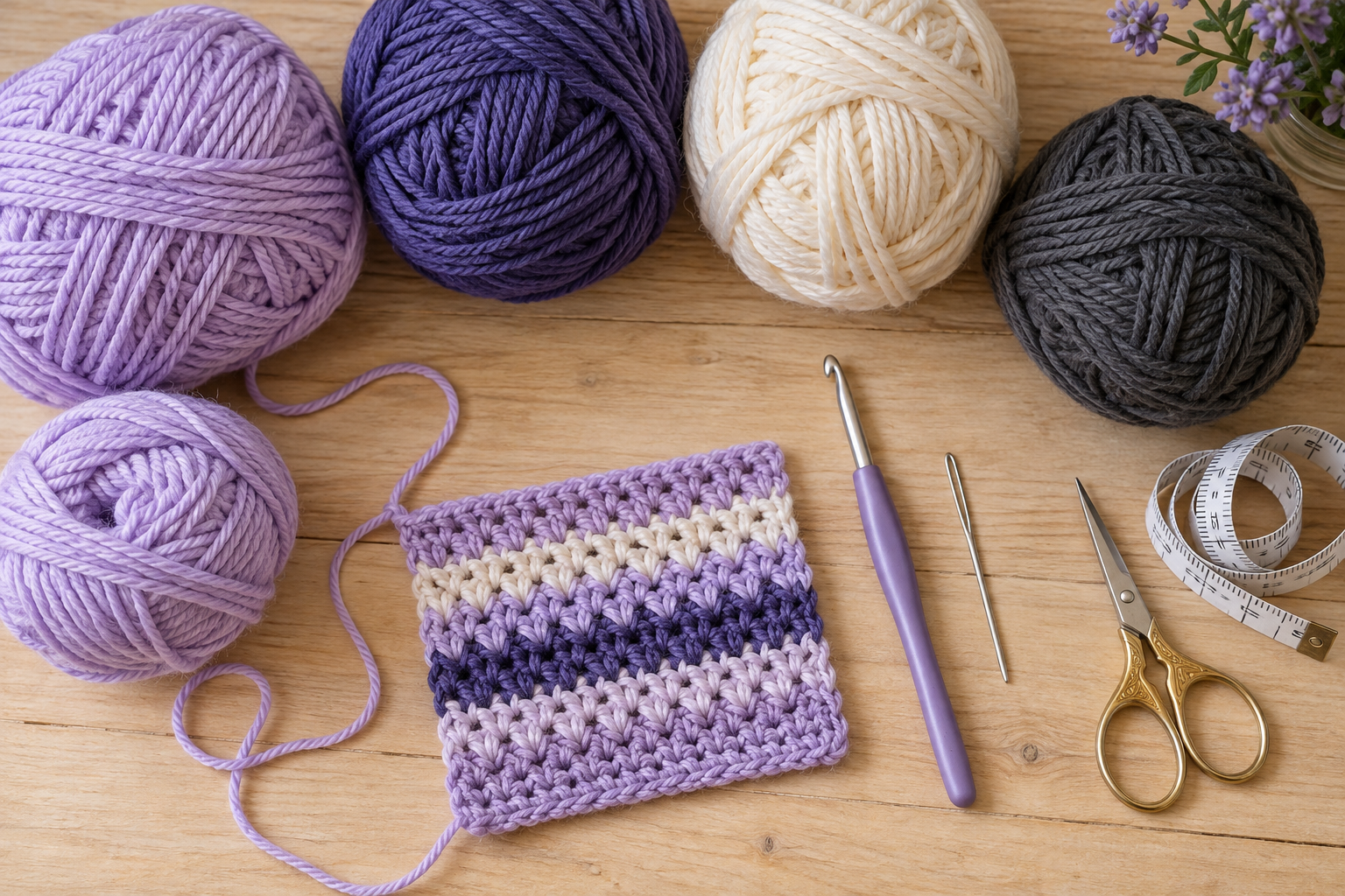 Crochet Butterfly Bag: A Colorful Statement Accessory to Make Next Purple and cream yarn with crochet tools and a striped swatch