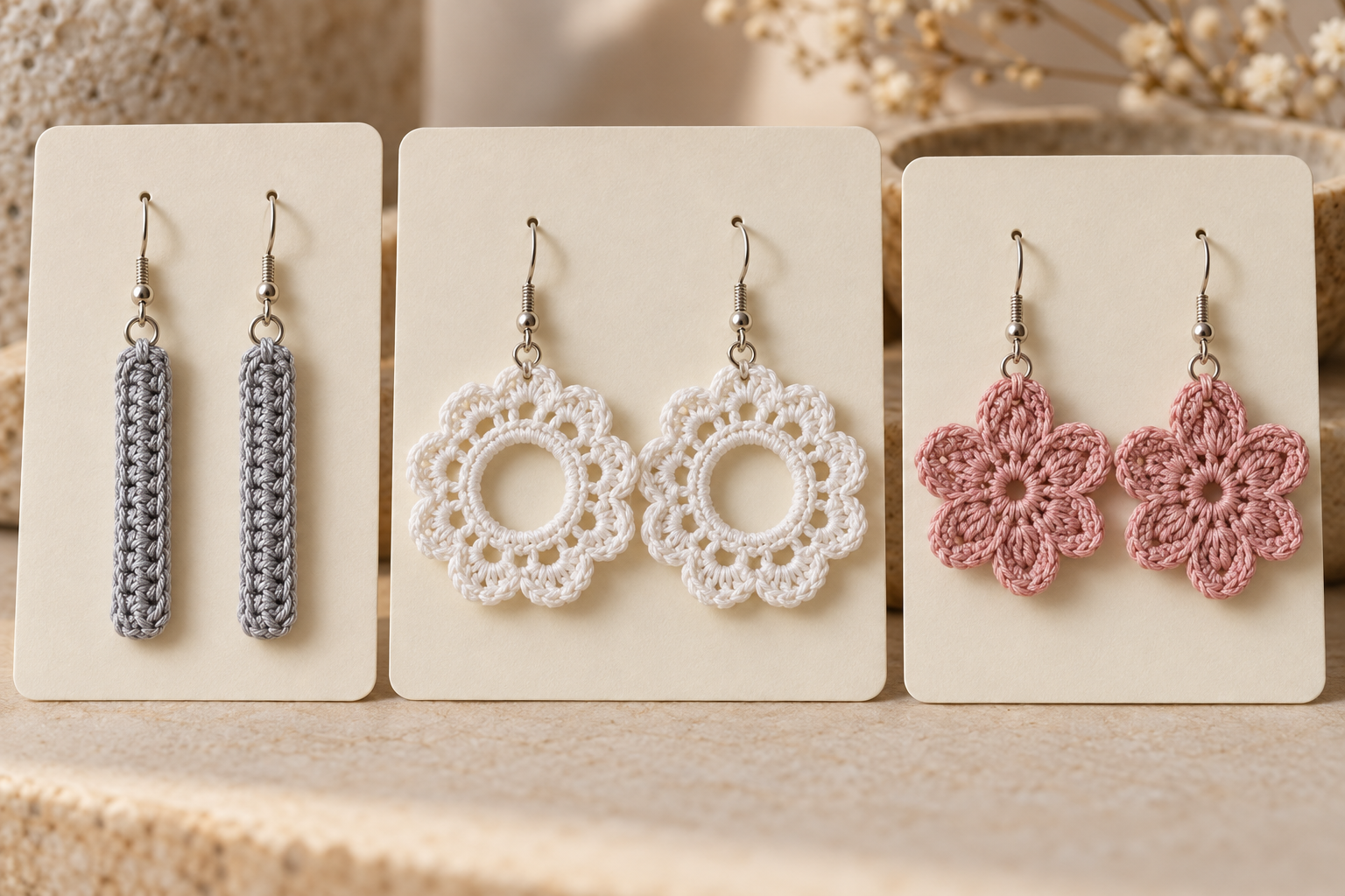 25 Crochet Earring Ideas to Inspire Your Next Handmade Accessory Crochet bar, circle and flower earrings on cream jewelry cards