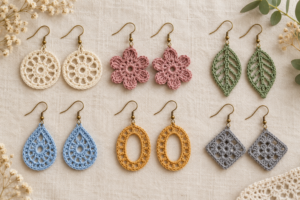 Six matching pairs of crochet earrings in flower, leaf, circle and geometric shapes
