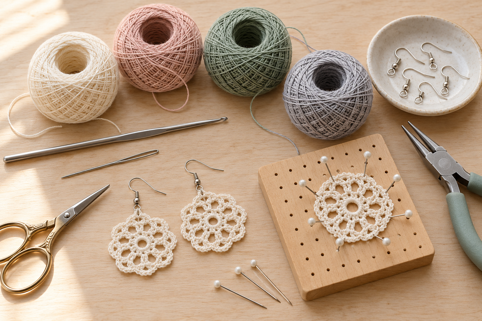 25 Crochet Earring Ideas to Inspire Your Next Handmade Accessory Cotton thread, crochet hook, earring findings and blocking supplies