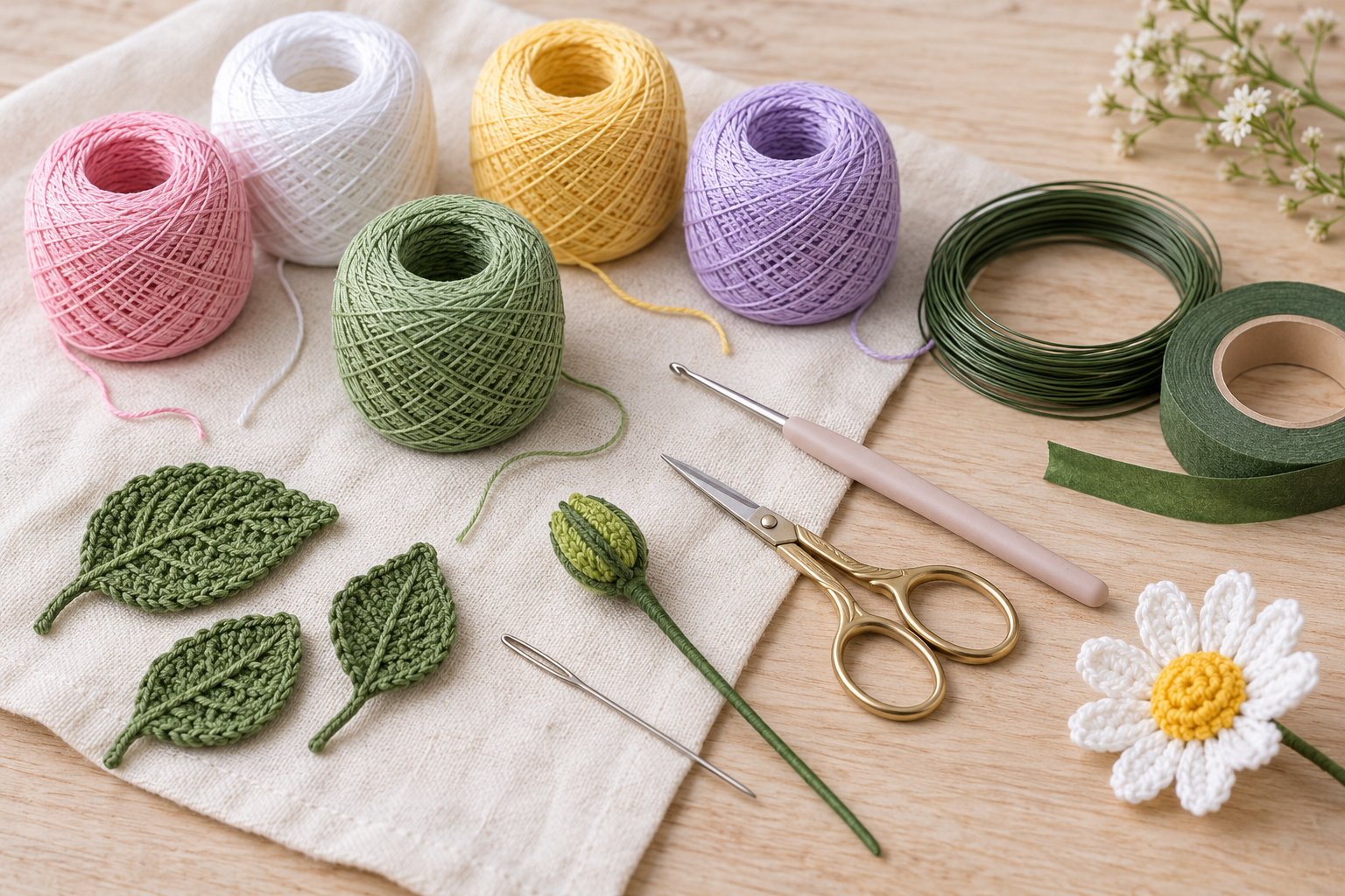 22 Crochet Flowers and Buds to Inspire Your Next Handmade Bouquet Original materials flat lay with cotton thread, crochet hook, scissors, floral wire, tape, leaves and a bud