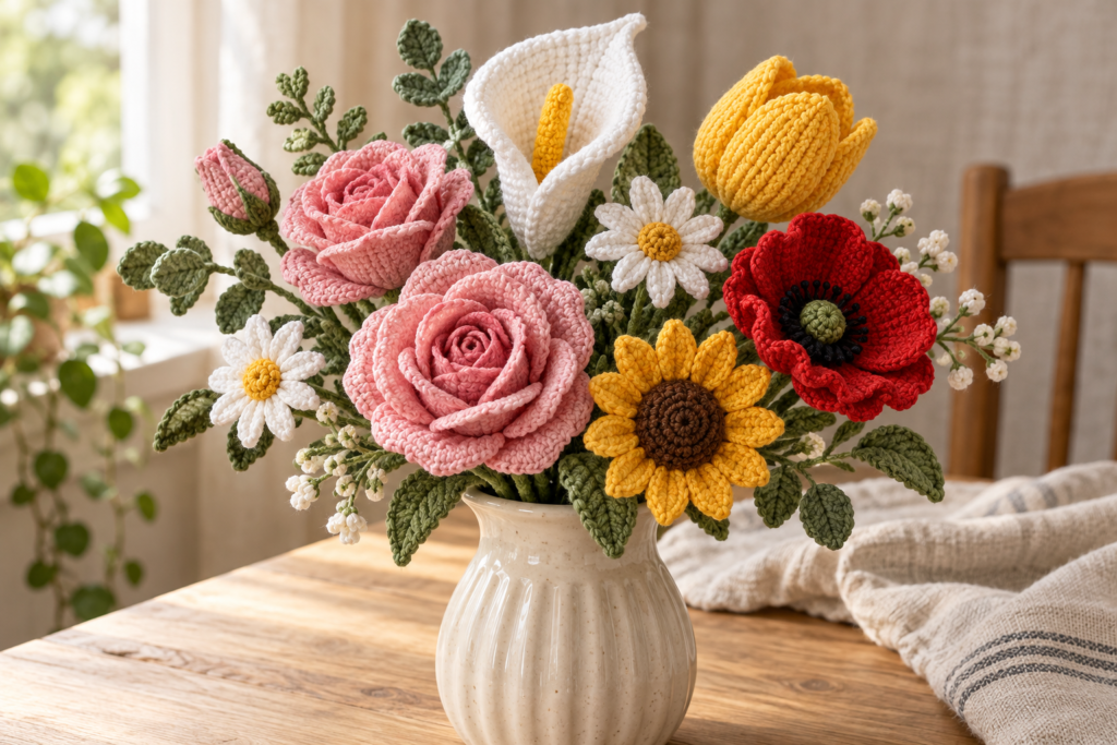 Handmade crochet bouquet with roses, calla lily, tulip, poppy, daisies and sunflower