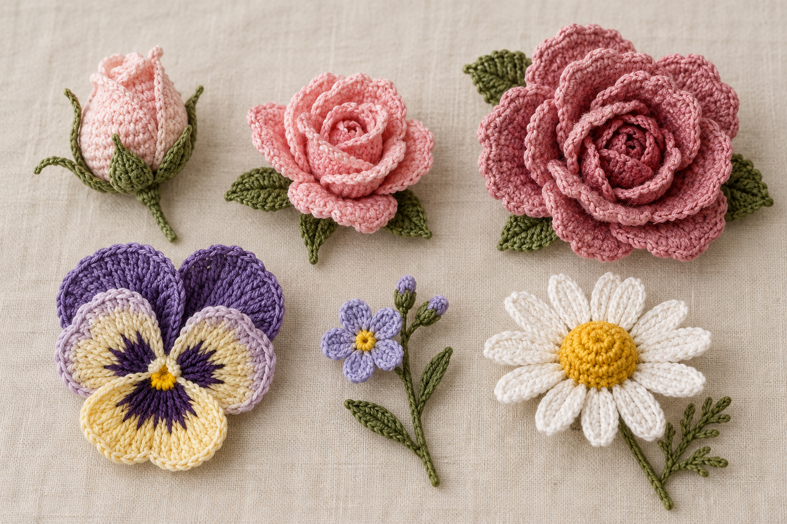 22 Crochet Flowers and Buds to Inspire Your Next Handmade Bouquet Original crochet flower illustrations showing a rosebud, two roses, pansy, forget-me-not and camomile