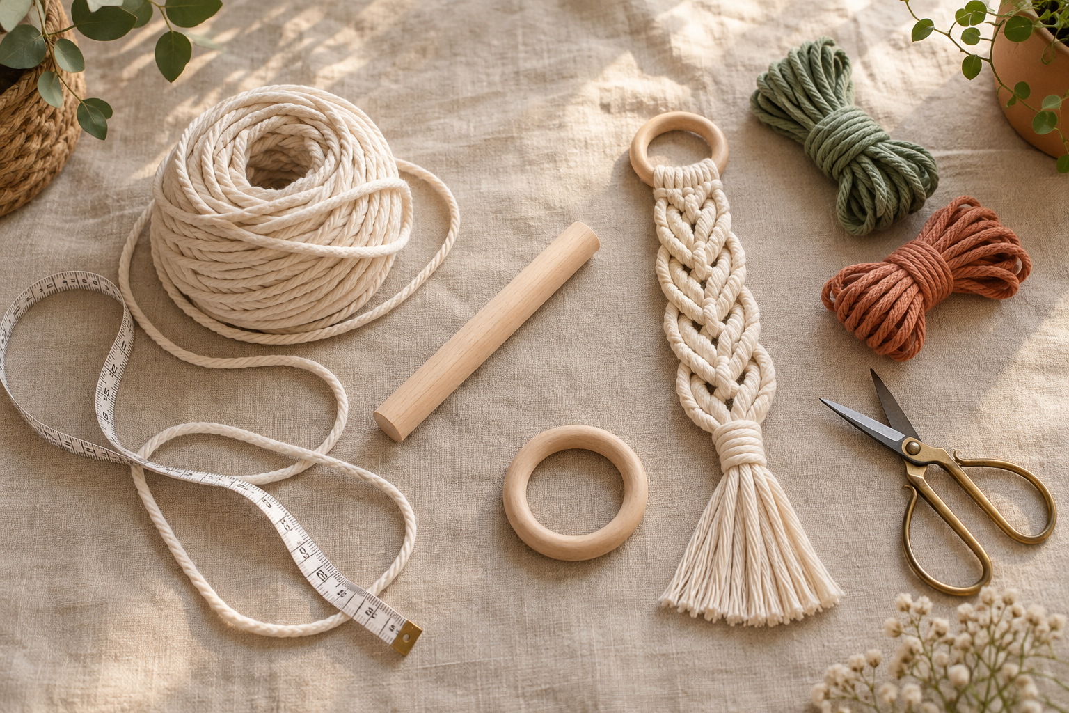 60 Macrame Knots and Patterns to Explore: A Beginner-Friendly Guide Cotton macrame cord, wooden dowel and ring, scissors, measuring tape and a braided sample