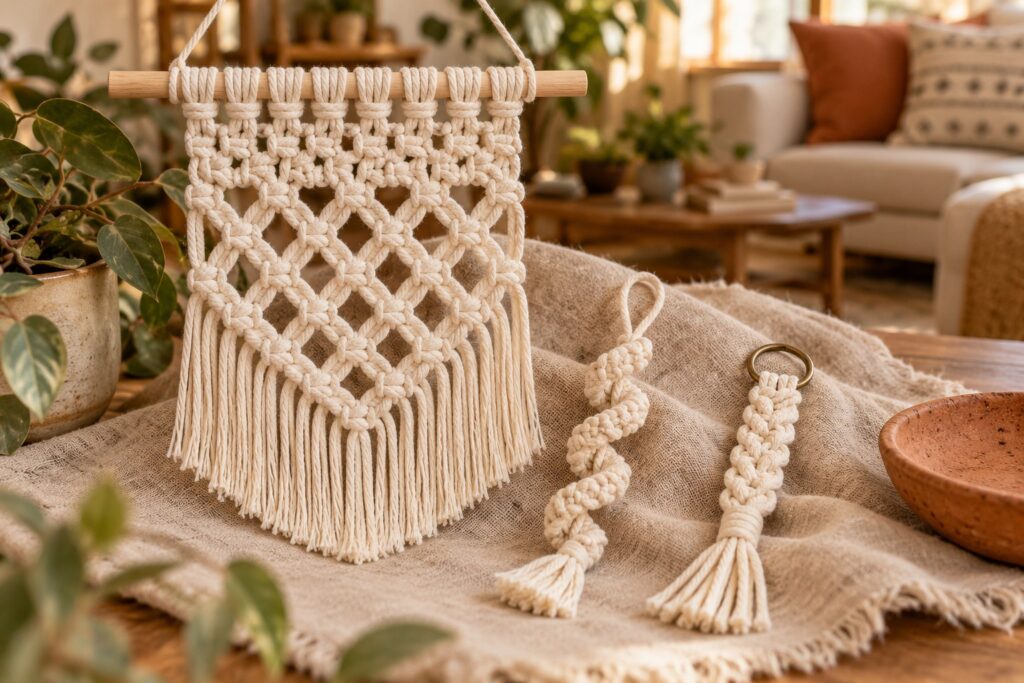 60 Macrame Knots and Patterns to Explore: A Beginner-Friendly Guide Cream cotton macrame wall hanging with spiral and braided practice samples