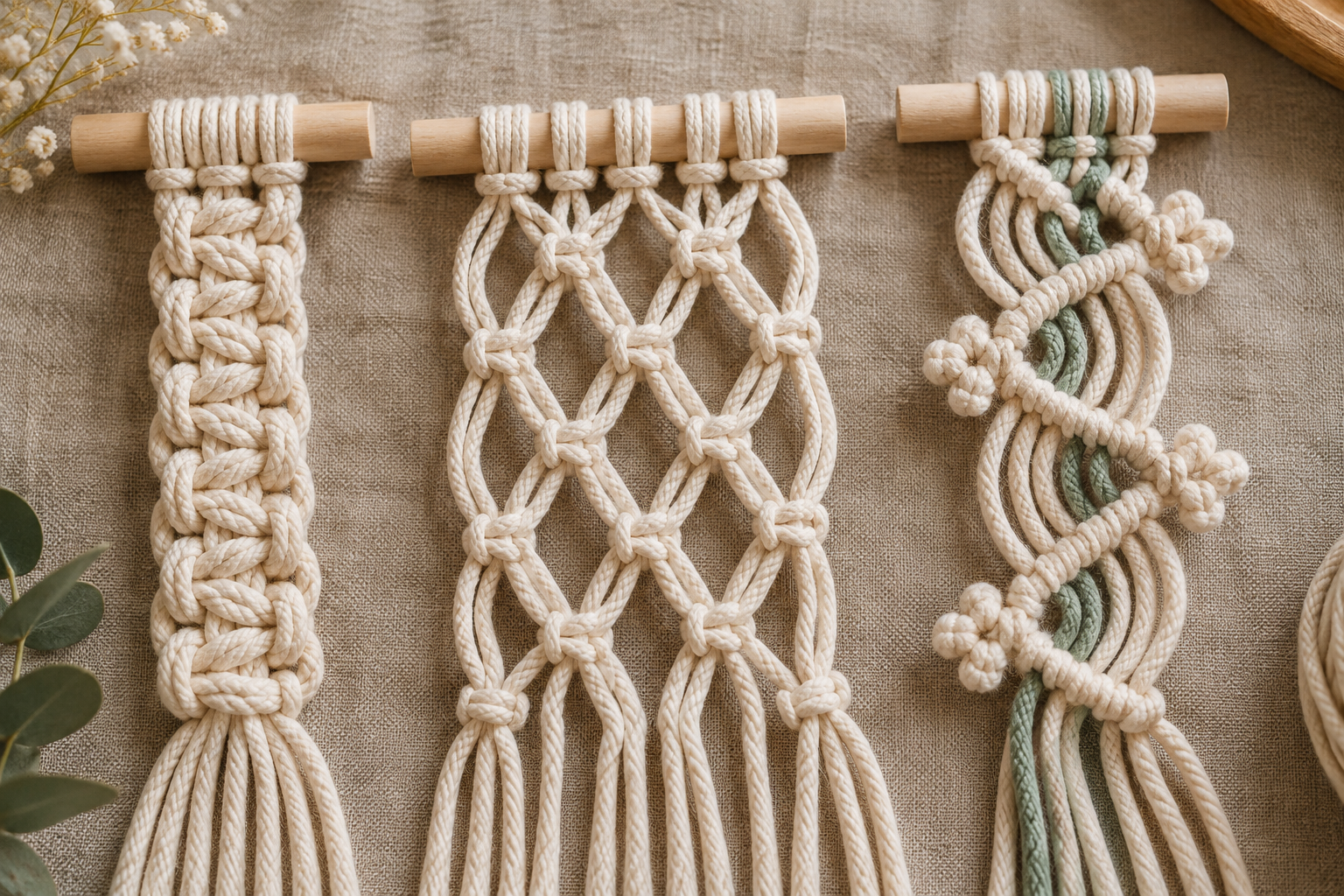 60 Macrame Knots and Patterns to Explore: A Beginner-Friendly Guide Cream cotton macrame practice swatches showing compact knots, open mesh and decorative loops